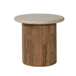 Table d'appoint 'Louis' 50 cm Bois de manguier avec Travertin Beige (2c)